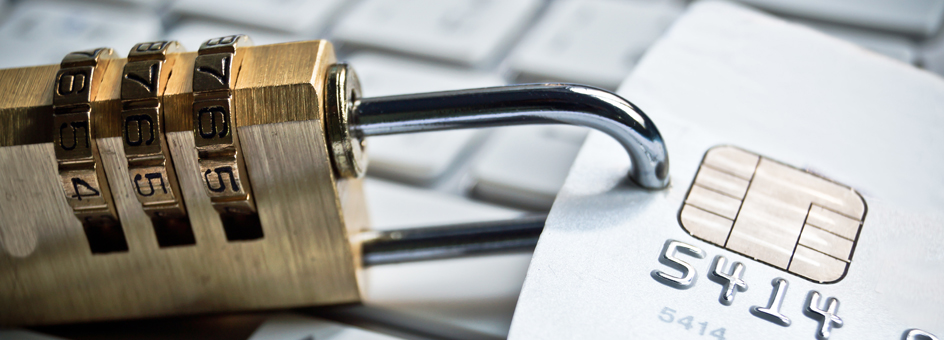Lock on a credit card to symbolize protecting your card from fraud.